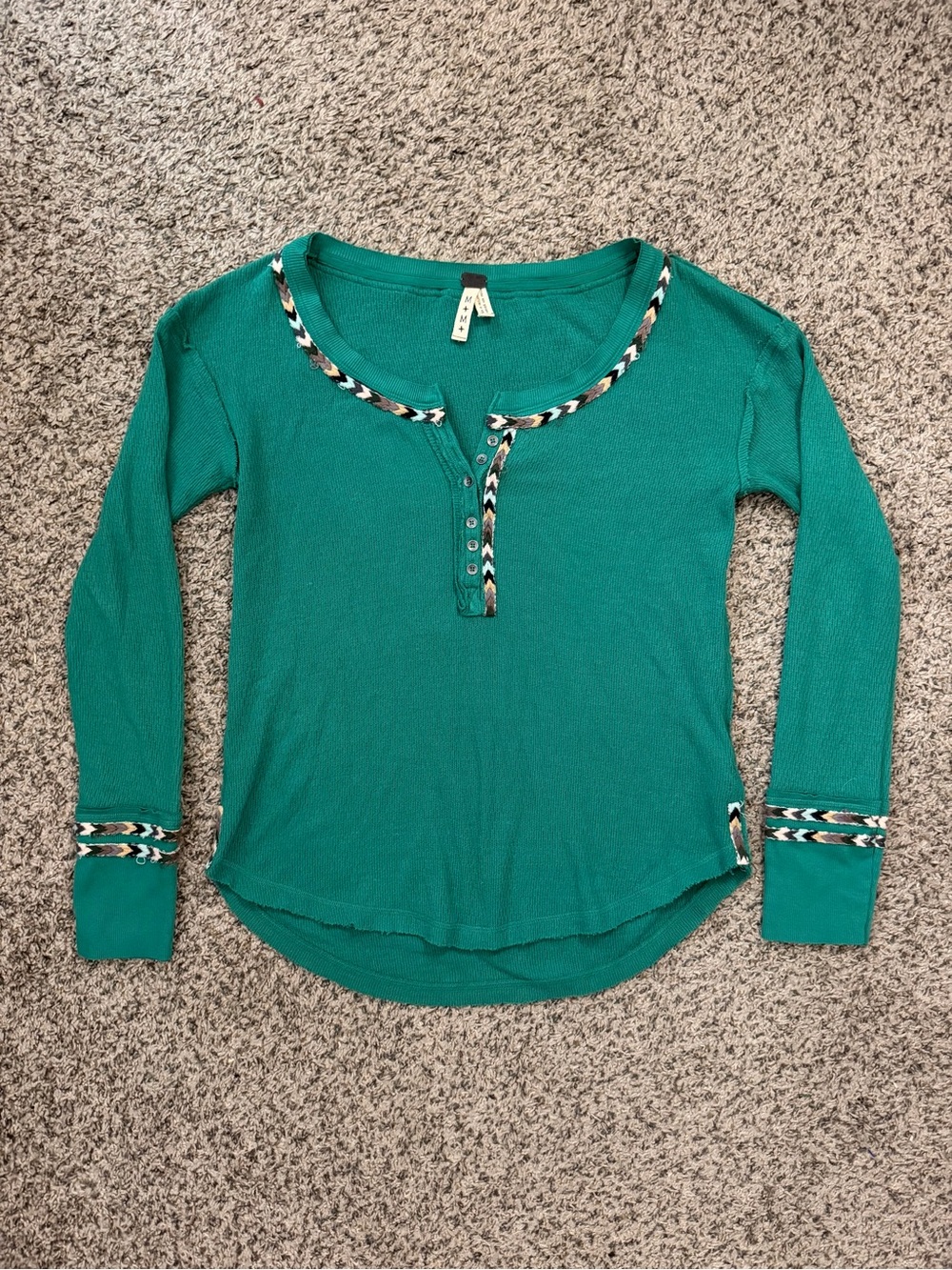 Free People Green Ribbed Button Henley with pattern